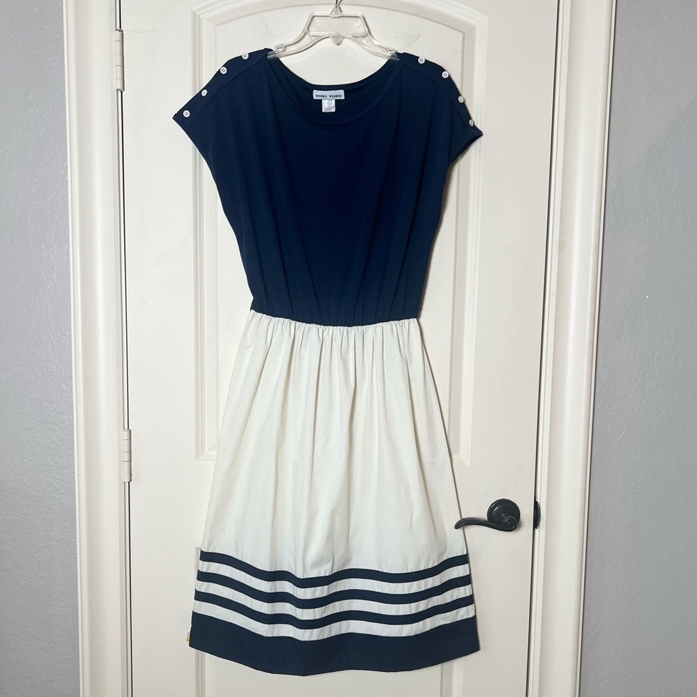 Vintage Nautical Navy Blue & White Striped Button Shoulder Sleeveless Midi Dress